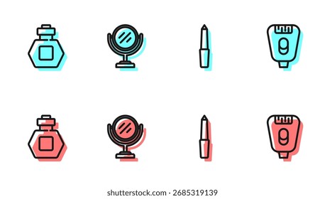 Set line Nail file, Perfume, Round makeup mirror and Epilator icon. Vector