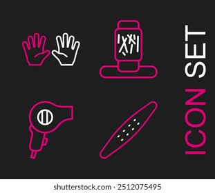 Set line Nail file pet, Hair dryer, Cat scratching post and Medical rubber gloves icon. Vector