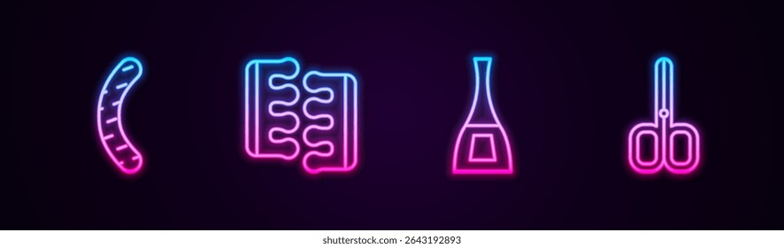 Set line Nail file, Toe separator for pedicure, Bottle of nail polish and scissors. Glowing neon icon. Vector