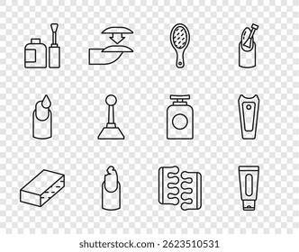 Set line Nail file, Tube of hand cream, Broken nail, Bottle polish, Milling cutter for manicure, Toe separator pedicure and  icon. Vector