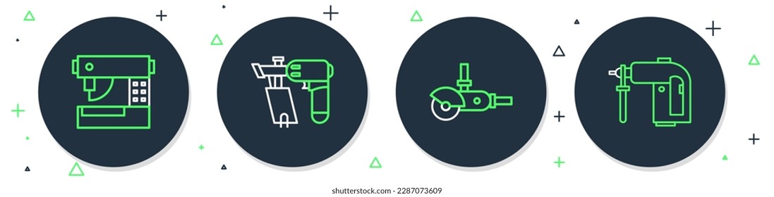 Set line Nail gun, Angle grinder, Sewing machine and Rotary hammer drill icon. Vector