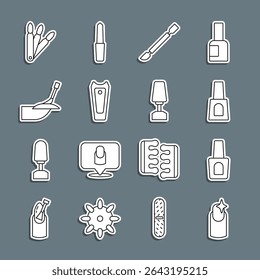 Set line Manicure unha, Garrafa de esmalte de unha, empurrador de cutícula, cortador, Manicure, unhas falsas e fresagem para ícone. Vetor