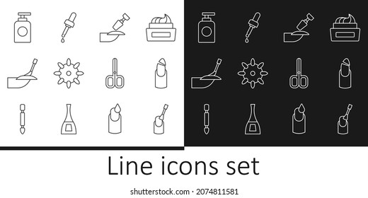 Fijar línea manicura de uñas, uñas rotas, fresador para, uñas falsas, manicura, tubo de crema de mano, tijeras y pipeta con ícono de aceite. Vector