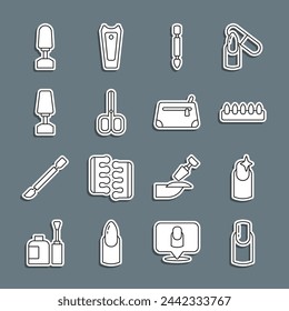 Manicura de uñas, uñas falsas, empujador de cutícula, tijeras, cortador de fresado para, e icono de bolsa cosmética. Vector