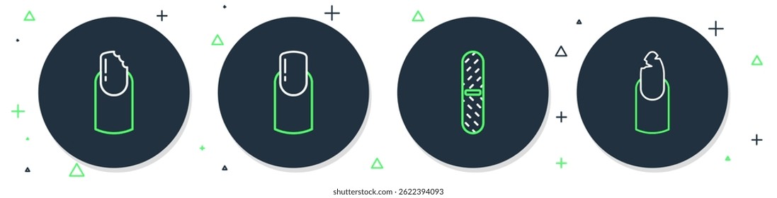 Set line Nail manicure, file, Broken nail and icon. Vector