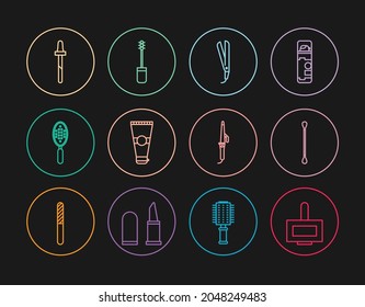 Set line Nail polish bottle, Cotton swab for ears, Curling iron, Lotion cosmetic tube, Hairbrush, Pipette,  and Mascara icon. Vector