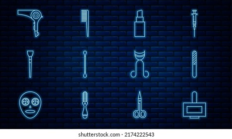 Set line Nail polish bottle, file, Lipstick, Cotton swab for ears, Makeup brush, Hair dryer, Eyelash curler and Hairbrush icon. Vector