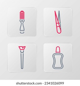 Set line Nail polish bottle, Makeup brush, Eyebrow tweezers and Hairbrush icon. Vector