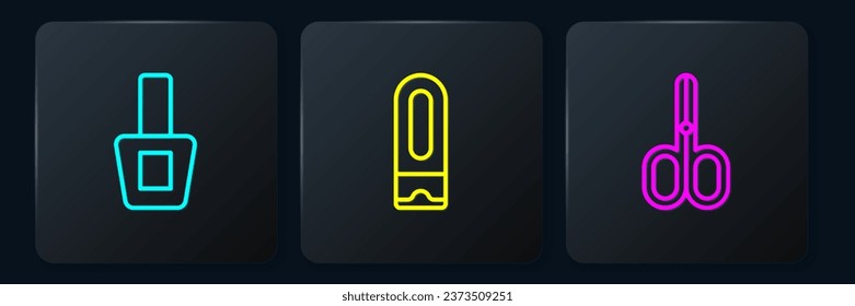 Set line Nail polish bottle, Scissors and Bottle of shampoo. Black square button. Vector