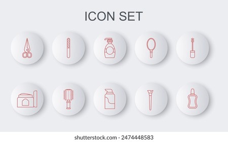 Set line Nail polish bottle, Cream cosmetic tube, Bottle of liquid soap, Makeup brush, Scissors, file, Hairbrush and  icon. Vector