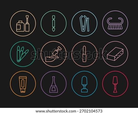 Set line Nail polish, file, cutter, Milling for manicure, False nails, Bottle of,  and Cuticle pusher icon. Vector