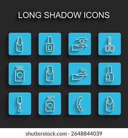 Set line Nail polish, Tube of hand cream, manicure, file, Broken nail, Bottle and  icon. Vector