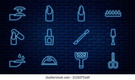 Set line Nail scissors, polish, manicure, Bottle of nail, file, False nails, Cuticle pusher and Broken icon. Vector