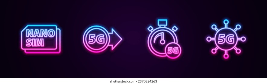 Set line Nano Sim Card, 5G network, Digital speed meter and . Glowing neon icon. Vector