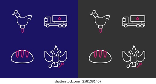 Set line National emblem of Russia, Bread loaf, Tanker truck and Cockerel lollipop icon. Vector