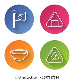 Set line National flag of Japan on pole, Sushi, Bowl of hot soup and Sushi. Color circle button. Vector
