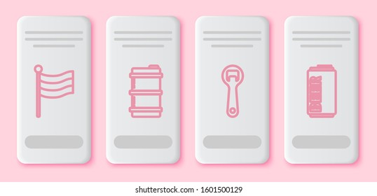 Set line National Germany flag, Metal beer keg, Bottle opener and Beer can. White rectangle button. Vector