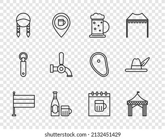 Set line National Germany flag, Camping tent, Wooden beer mug, Beer bottle and glass, Braid, tap, Saint Patricks day calendar and Oktoberfest hat icon. Vector