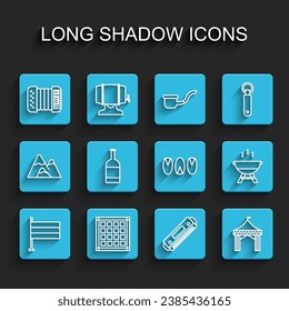 Set line National Germany flag, Checkered napkin, Accordion, Harmonica, Camping tent, Beer bottle, Barbecue grill and Pistachio nuts icon. Vector
