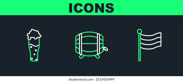 Set line National Germany flag, Glass of beer and Wooden barrel rack with stopcock icon. Vector