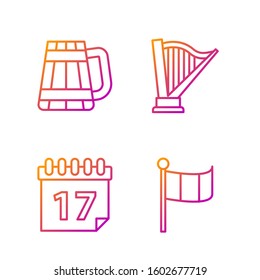 Set line National Ireland flag, Saint Patrick's day with calendar, Wooden beer mug and Harp. Gradient color icons. Vector