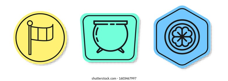 Set line National Ireland flag, Witch cauldron and Gold coin with four leaf clover. Colored shapes. Vector