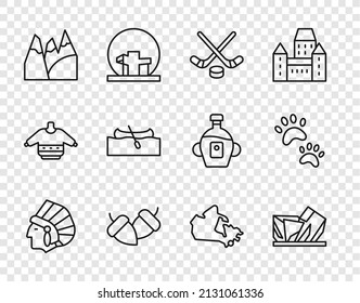 Set line Native American Indian, Royal Ontario museum, Ice hockey sticks and puck, Acorn, Mountains, Kayak canoe, Canada map and Paw print icon. Vector