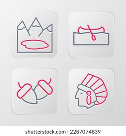 Set line Native American Indian, Acorn, Kayak canoe and Canadian lake icon. Vector