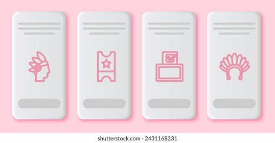 Set line Native American Indian, Baseball ticket, Vote box and headdress with feathers. White rectangle button. Vector