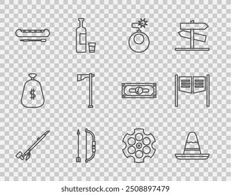 Tubo de fumar indio nativo americano, sombrero mexicano, bomba lista para explotar, arco y flecha carcaj, kayak o remo de canoa, hacha Tomahawk, cilindro Revolver e icono de puerta de salón. Vector