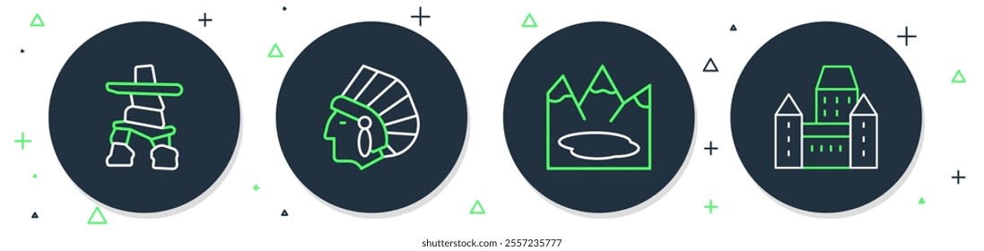 Set line Native American Indian, Canadian lake, Inukshuk and Chateau Frontenac hotel icon. Vector