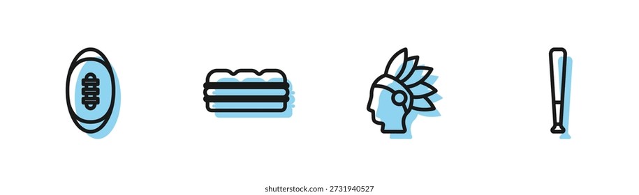 Icono de bate de béisbol, sandwich, balón de fútbol, nativo americano, indio. Vector