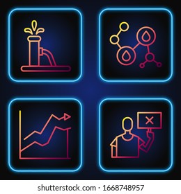 Set line Nature saving protest, Oil price increase, Oil pump or pump jack and Molecule oil. Gradient color icons. Vector