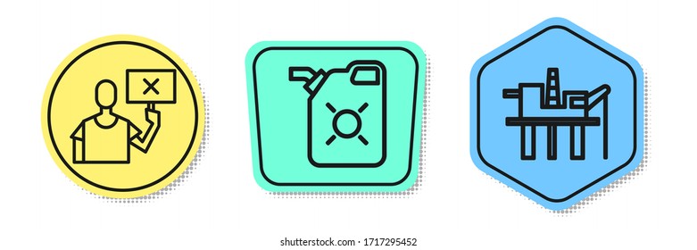 Set line Nature saving protest, Canister for motor oil and Oil platform in the sea. Colored shapes. Vector
