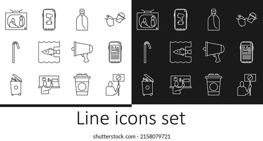 Set line Nature saving protest, Stop plastic pollution, Bottle of liquid soap, ocean, Drinking straw, Spread the word, megaphone and Megaphone mobile icon. Vector