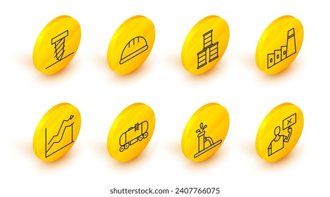 Set line Naturrettende Proteste, Ölpumpen oder Pumpenbuchse, Eisenbahnzisterne, Preiserhöhung, Industriefabrikbau, Barrel Öl, Arbeiter-Sicherheitshelm und Drehbohrlochsymbol Icon. Vektorgrafik