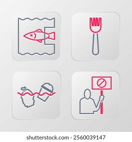 Set line Nature saving protest, Problem pollution of the ocean, Disposable plastic fork and Stop icon. Vector