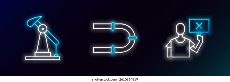 Set line Nature saving protest, Oil pump or pump jack and Industry pipe icon. Glowing neon. Vector