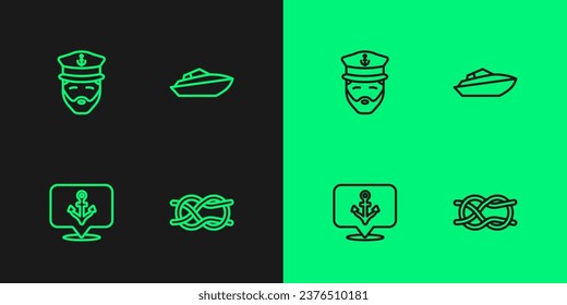 Set line Nautical rope knots, Anchor, Captain of ship and Speedboat icon. Vector