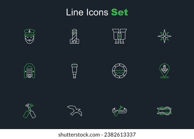 Set line Nautical rope knots, Kayak and paddle, Bird seagull, Crossed oars or paddles boat, Location with anchor, Ship porthole, Spyglass telescope lens and Inflatable motor icon. Vector