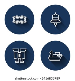 Set line Nautical rope knots, Ship bell, Binoculars and Cargo ship with long shadow. Blue circle button. Vector