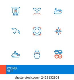Set line Nautical rope knots, Yacht sailboat, Speedboat, Wind rose, Bird seagull, Lifebuoy, Cargo ship and Whale tail icon. Vector
