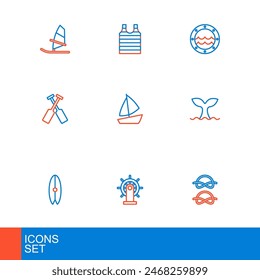 Set line Nautical rope knots, Ship steering wheel, Surfboard, Whale tail, Crossed oars or paddles boat, Yacht sailboat, porthole and Striped sailor t-shirt icon. Vector