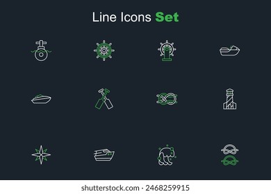 Set line Nautical rope knots, Tsunami, Speedboat, Wind rose, Lighthouse, Crossed oars or paddles and  icon. Vector