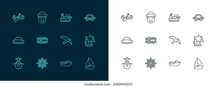 Set line Nautical rope knots, Ship steering wheel, Bird seagull, Jet ski, Cargo ship, Kayak and paddle and Sailor icon. Vector