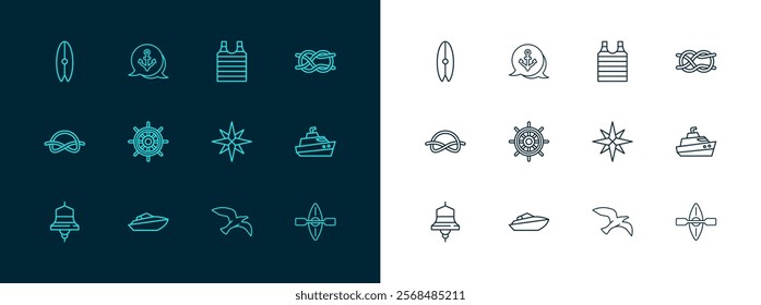 Set line Nautical rope knots, Speedboat, Wind rose, Bird seagull, Ship steering wheel, Striped sailor t-shirt, Surfboard and Anchor icon. Vector