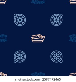 Set line Nautical rope knots, Compass and Speedboat on seamless pattern. Vector