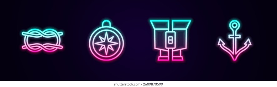 Set line Nautical rope knots, Compass, Binoculars and Anchor. Glowing neon icon. Vector