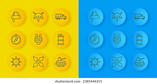 Set line Naval mine, Compass, Bulletproof vest, Military tank, Hand smoke grenade, Swiss army knife, truck and Viking horned helmet icon. Vector