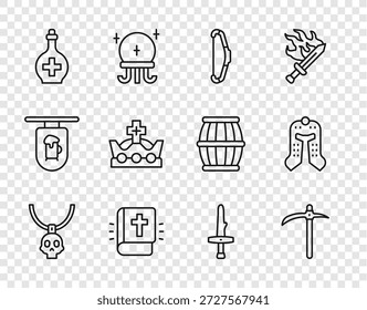Collar amuleto, pico, arco medieval, libro de la Biblia sagrada, botella con poción, corona del rey, daga e icono del casco. Vector